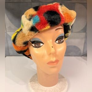 Two faux fur hats- leopard and multicolored-S and OS
